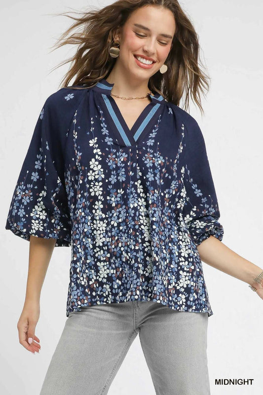 Umgee Full Size Floral Vine Print Blouse with Balloon Sleeves Plus Size - Trendsi - Flyclothing LLC