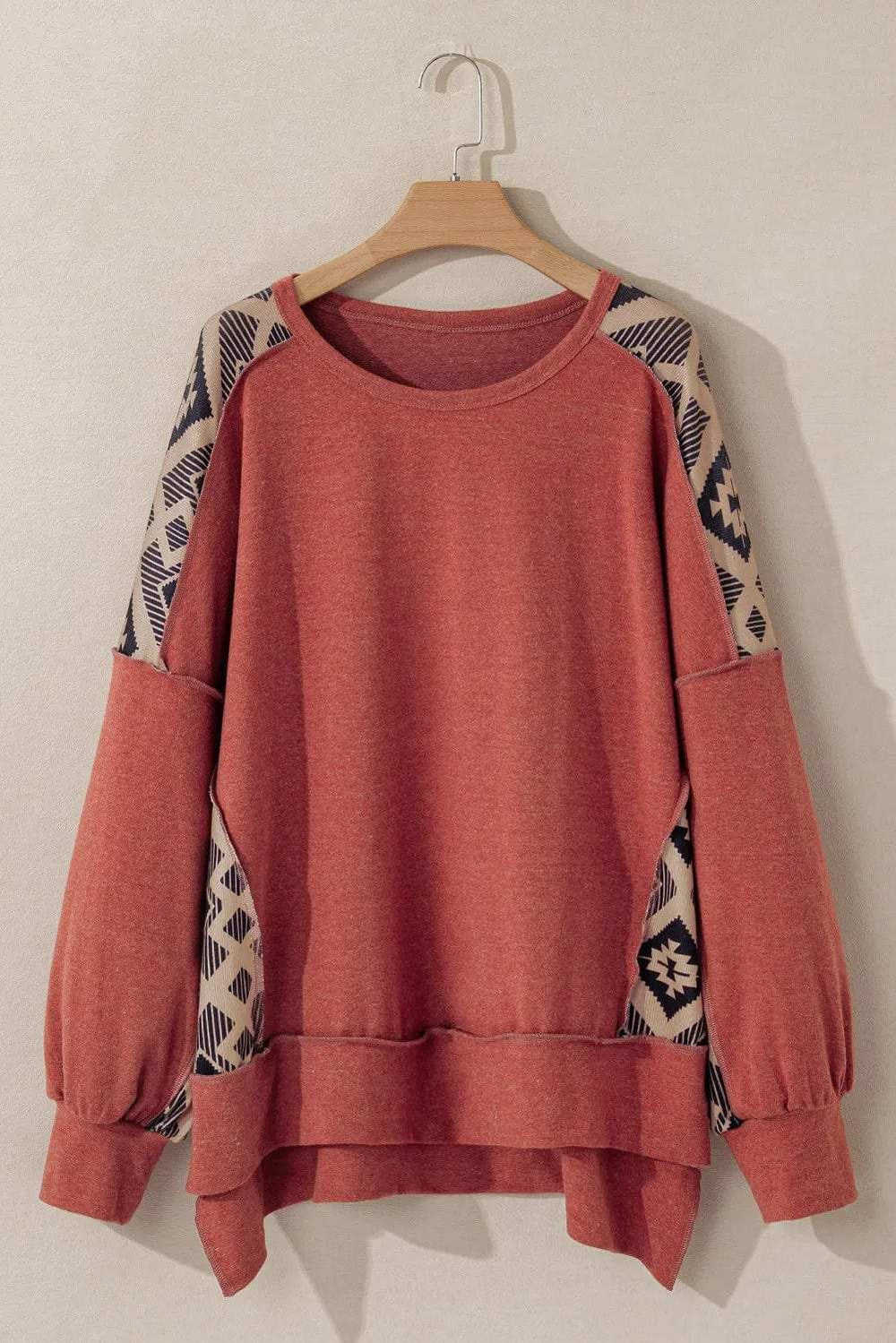 Plus Size Geometric Round Neck Long Sleeve Sweatshirt - Trendsi - Flyclothing LLC