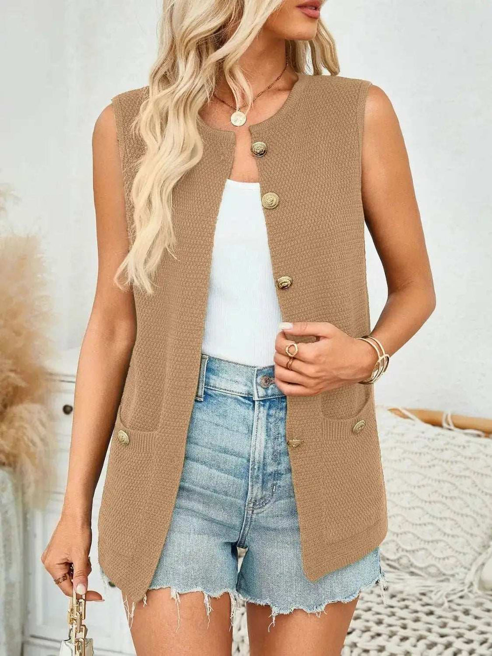 Button Down Round Neck Knit Vest - Trendsi - Flyclothing LLC