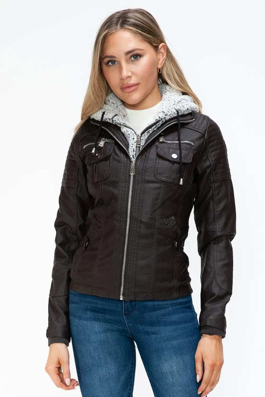 YMI Removable Faux Layered Multi-Pocket Jacket with Fuzzy Hood - Trendsi - Flyclothing LLC