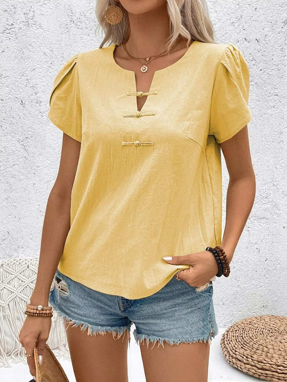 Notched Short Sleeve Blouse - Trendsi - Flyclothing LLC