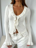 Ruffled Tie Front Flare Sleeve Shirt - Trendsi - Flyclothing LLC