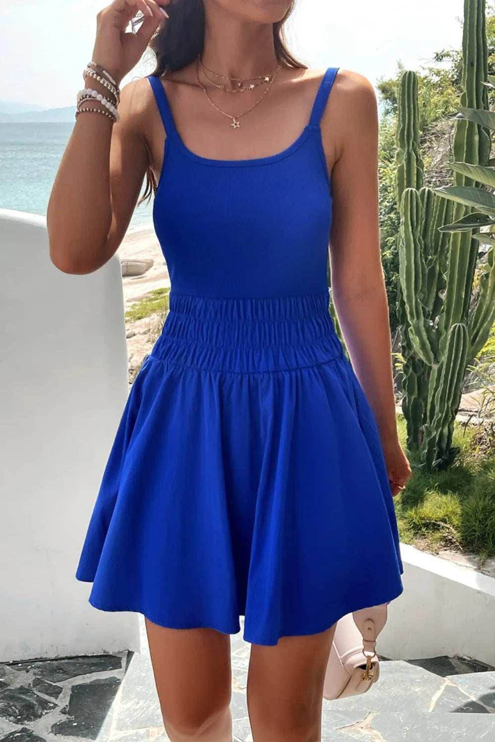 Devine Smocked Scoop Neck Mini Cami Dress - Trendsi - Flyclothing LLC