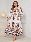 Plus Size Printed Surplice Flounce Sleeve Dress - Trendsi - Flyclothing LLC