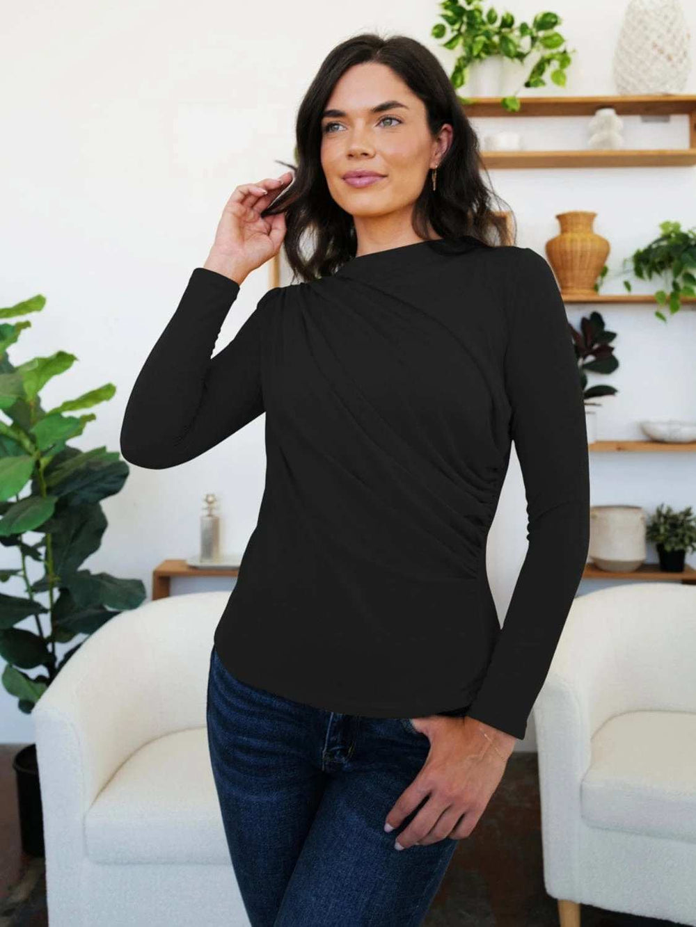 Ruched Mock Neck Long Sleeve T-Shirt - Trendsi - Flyclothing LLC