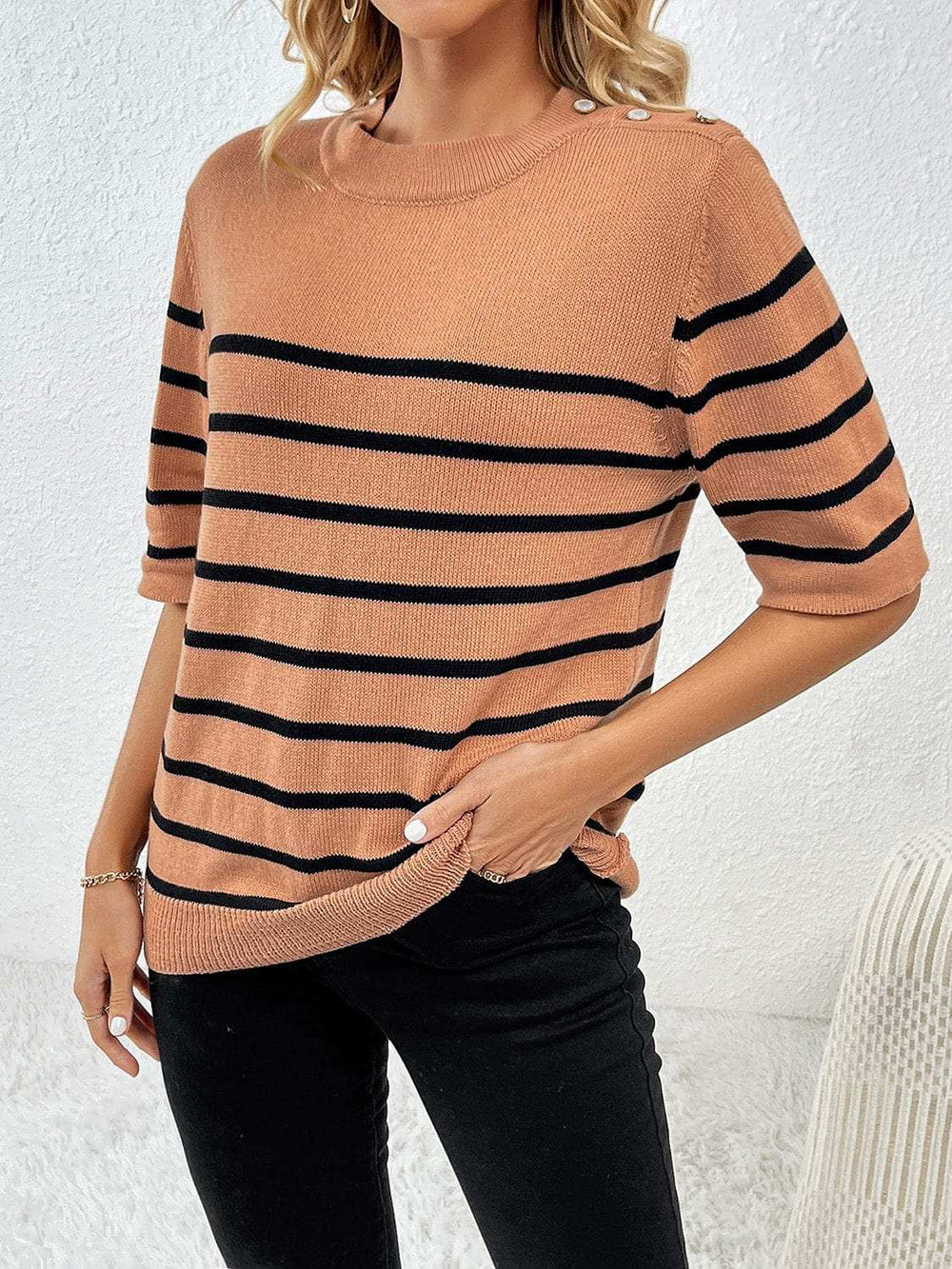 Striped Round Neck Half Sleeve Knit Top - Trendsi - Flyclothing LLC