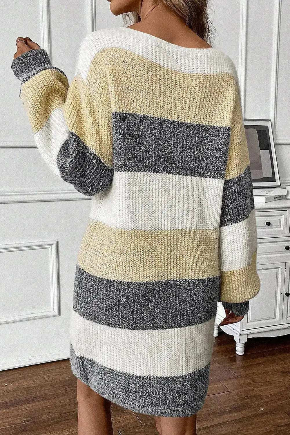 Color Block Boat Neck Long Sleeve Sweater Dress - Trendsi - Flyclothing LLC