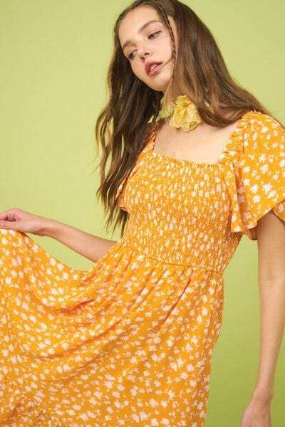 Mittoshop Flower Print Flutter Sleeve Smocked Midi Dress - Trendsi - Flyclothing LLC