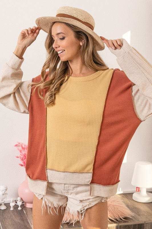 BiBi Waffle-Knit Exposed Seam Color Block Uneven Hem Top - Trendsi - Flyclothing LLC