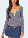 Buttoned Striped Long Sleeve T-Shirt - Trendsi - Flyclothing LLC