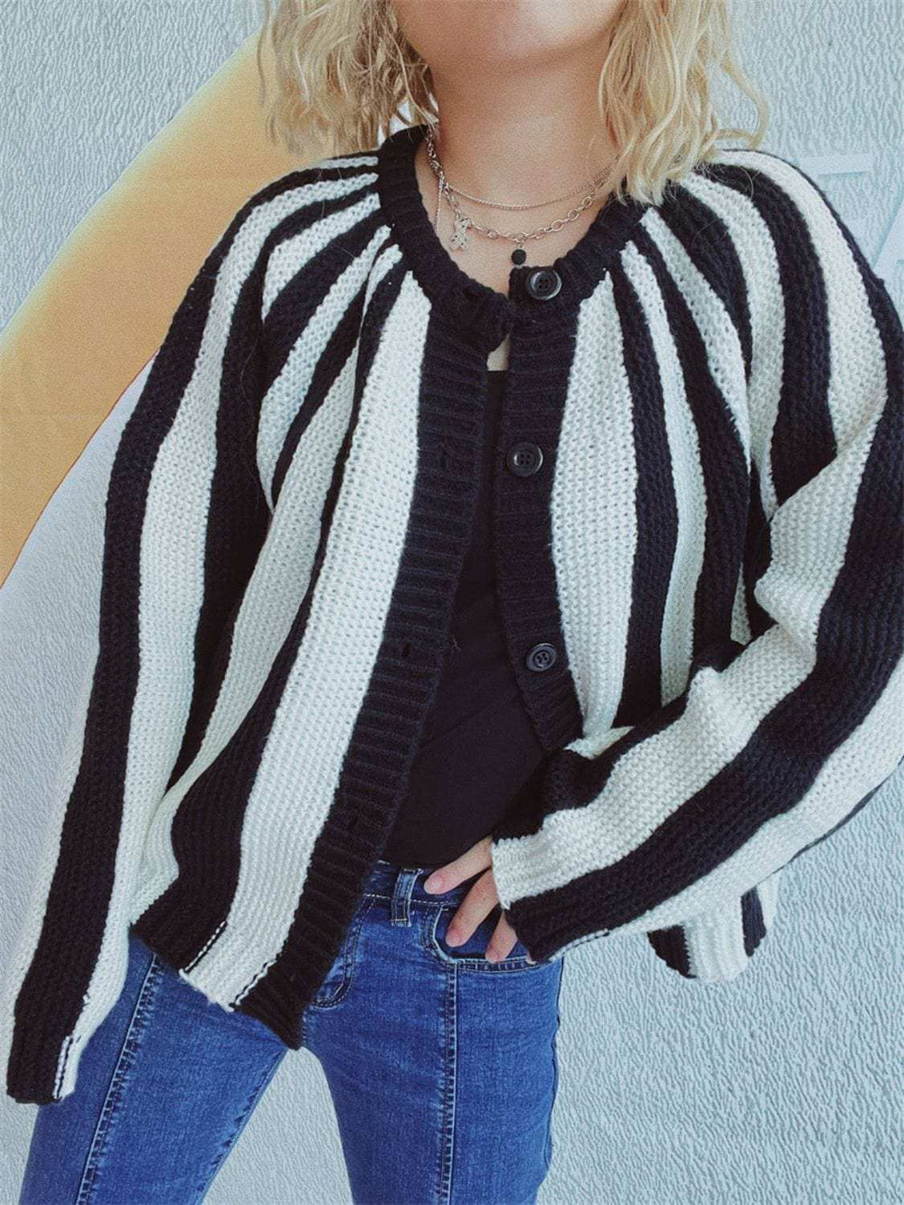 Contrast Stripes Button Down Long Sleeve Cardigan - Trendsi - Flyclothing LLC