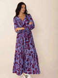 Printed Tie Neck Balloon Sleeve Maxi Dress - Trendsi - Flyclothing LLC