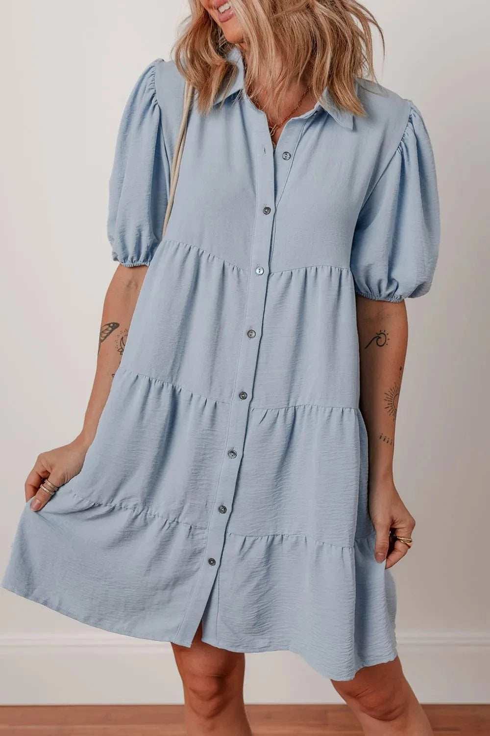 Button Up Puff Sleeve Tiered Shirt Dress - Trendsi - Flyclothing LLC