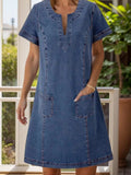 Full Size Notched Short Sleeve Denim Dress - Trendsi - Flyclothing LLC