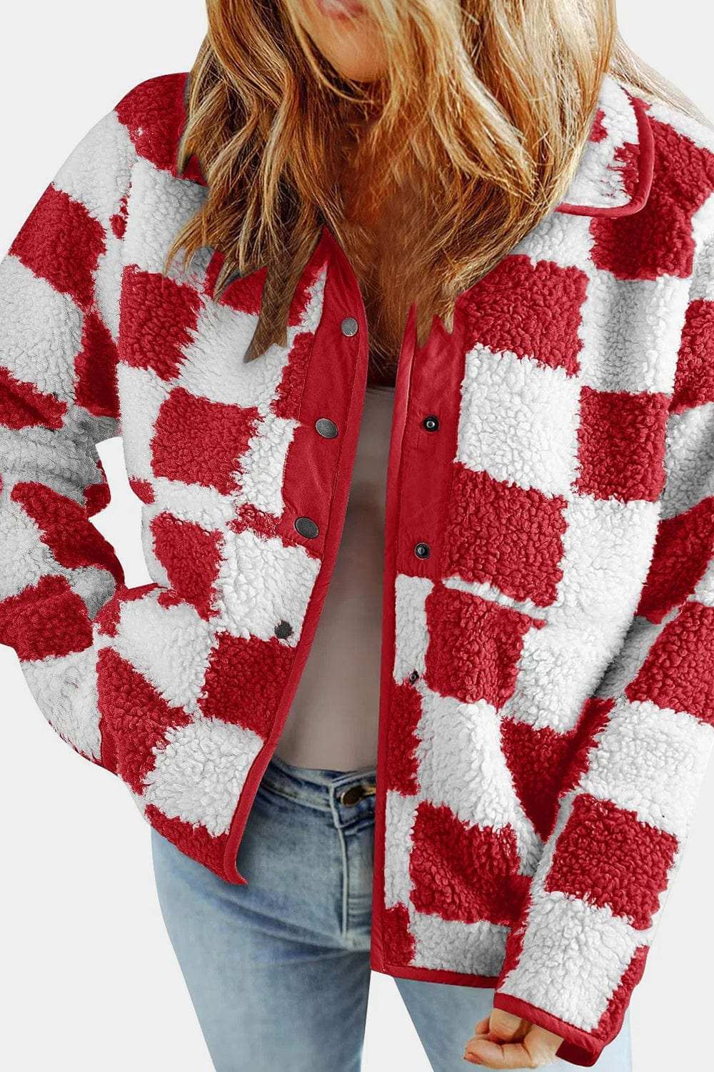 Checkered Snap Down Long Sleeve Teddy Jacket - Trendsi - Flyclothing LLC