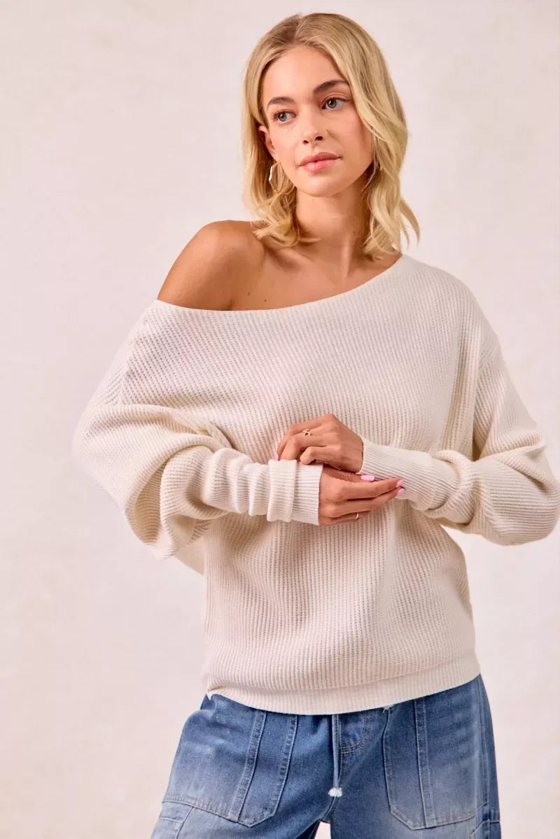 BiBi Waffle Knit Off Shoulder Top - Trendsi - Flyclothing LLC
