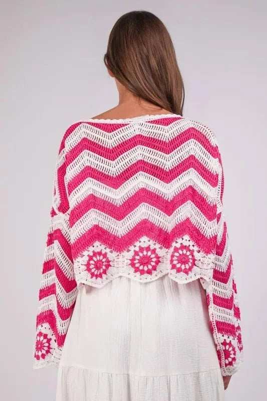 VERY J Chevron/Floral Pattern Crochet Knit Top - Trendsi - Flyclothing LLC
