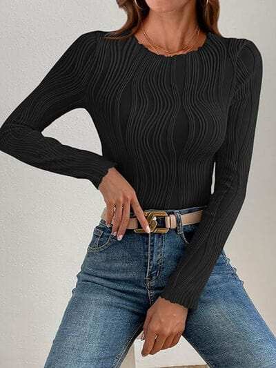 Textured Round Neck Long Sleeve Top - Trendsi - Flyclothing LLC