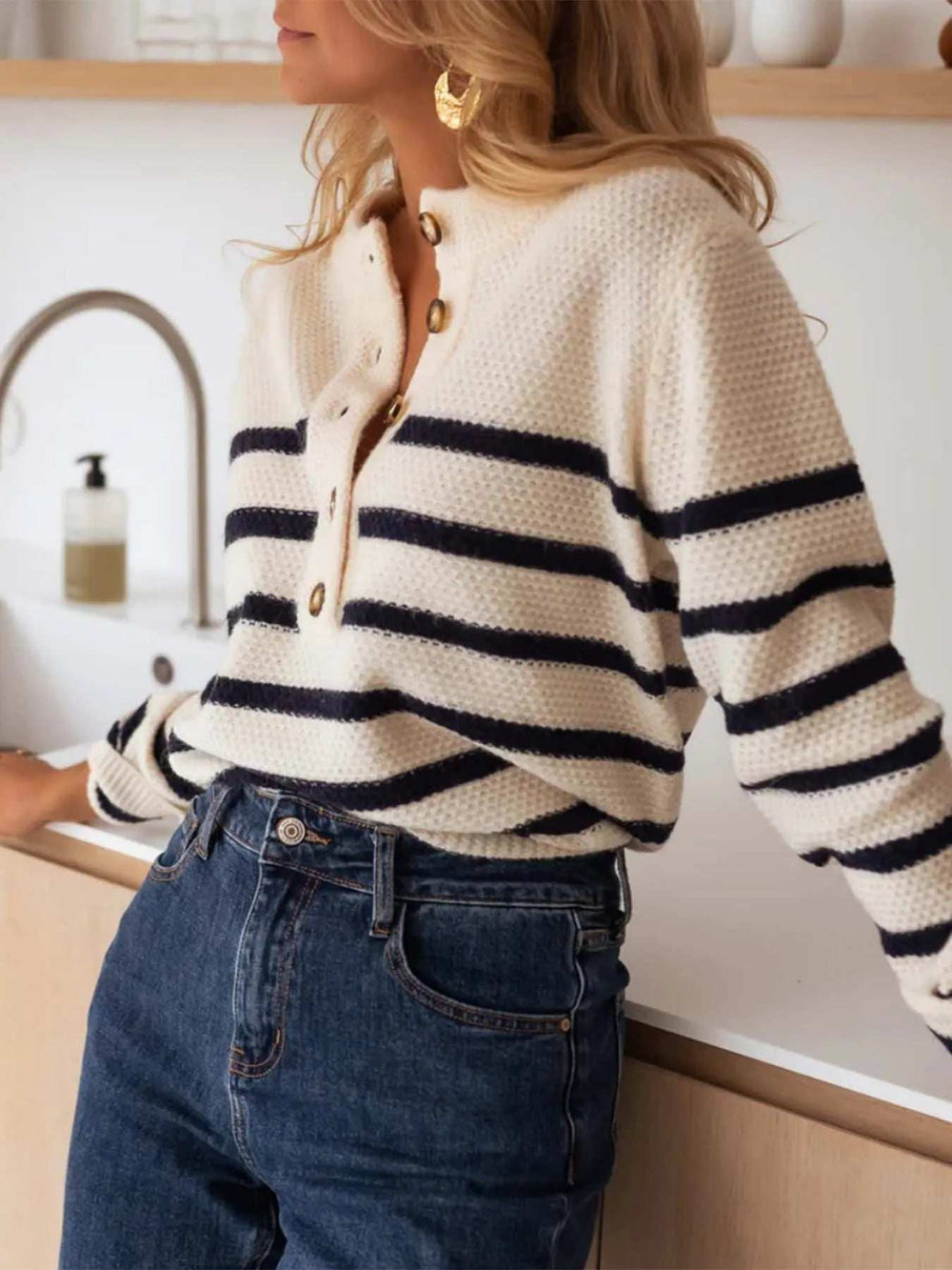 Striped Button-Front Sweater - Trendsi - Flyclothing LLC