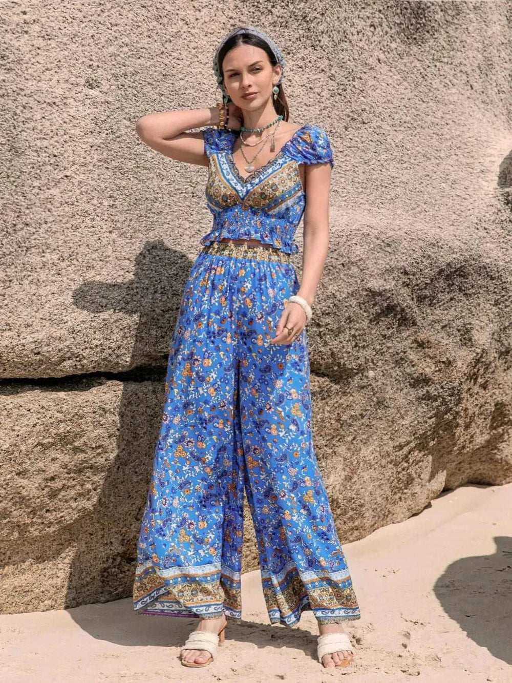 Printed V-Neck Top and Pants Set - Trendsi - Flyclothing LLC