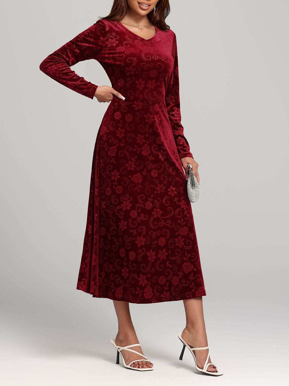 Flower Print V-Neck Long Sleeve Midi Dress - Trendsi - Flyclothing LLC