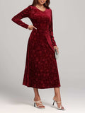 Flower Print V-Neck Long Sleeve Midi Dress - Trendsi - Flyclothing LLC