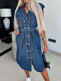Collared Neck Cap Sleeve Denim Dress - Trendsi - Flyclothing LLC