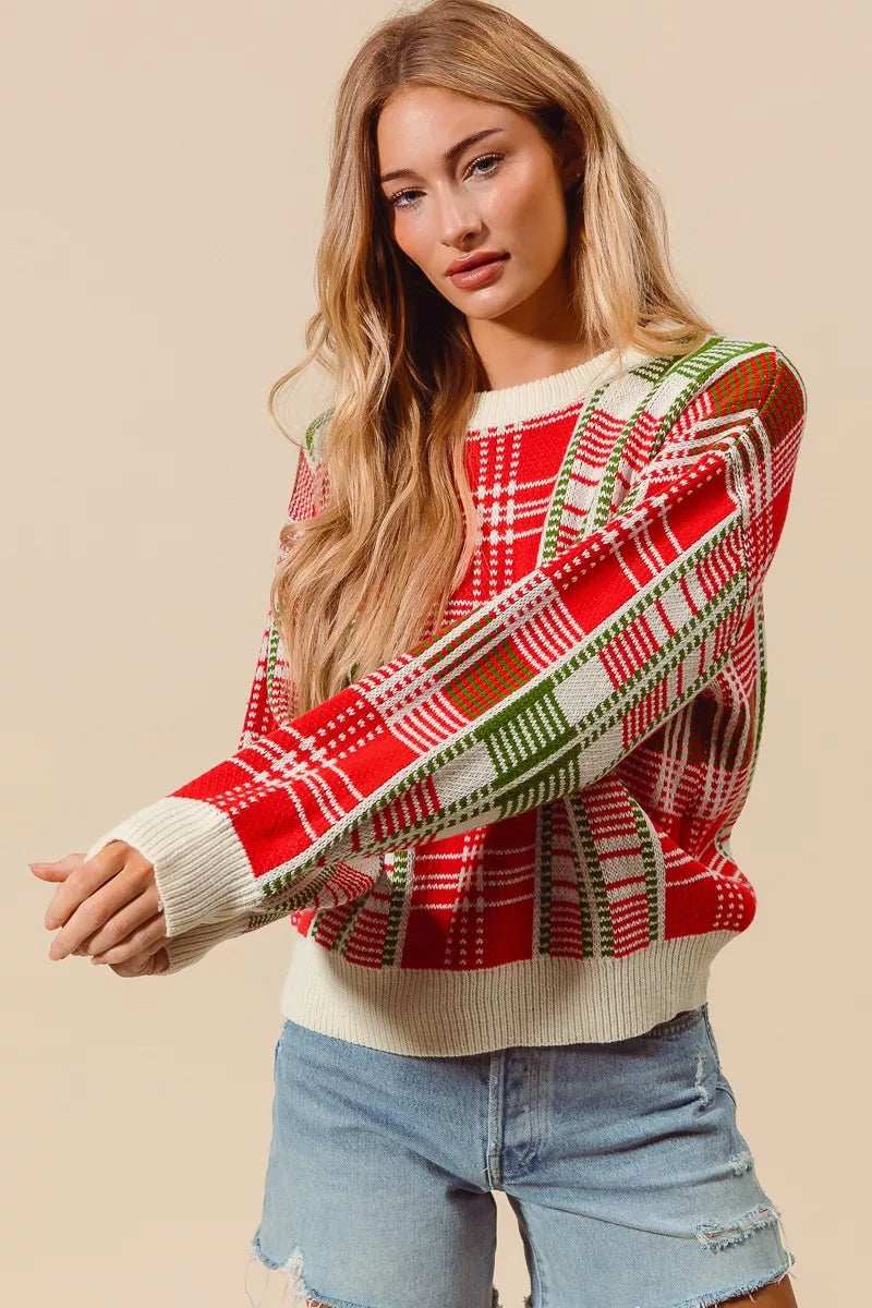 SO ME Christmas Color Checkered Plaid Crew Neck Sweater - Trendsi - Flyclothing LLC