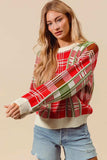 SO ME Christmas Color Checkered Plaid Crew Neck Sweater - Trendsi - Flyclothing LLC