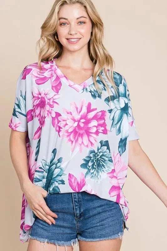 BOMBOM Floral V-Neck Short Sleeve T-Shirt - Trendsi - Flyclothing LLC