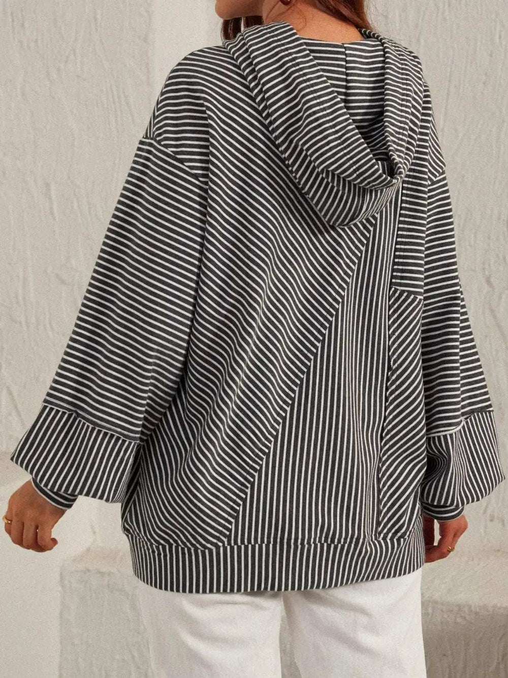 Slit Drawstring Striped Long Sleeve Hoodie - Trendsi - Flyclothing LLC