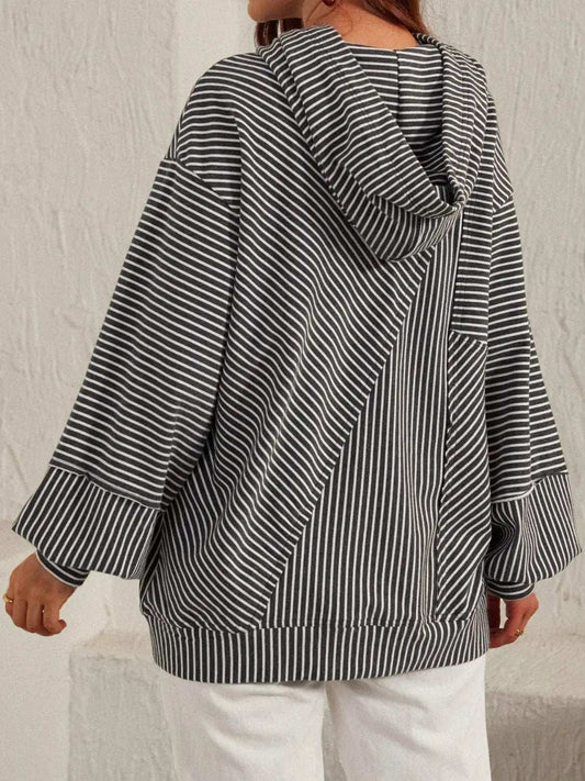 Slit Drawstring Striped Long Sleeve Hoodie - Trendsi - Flyclothing LLC