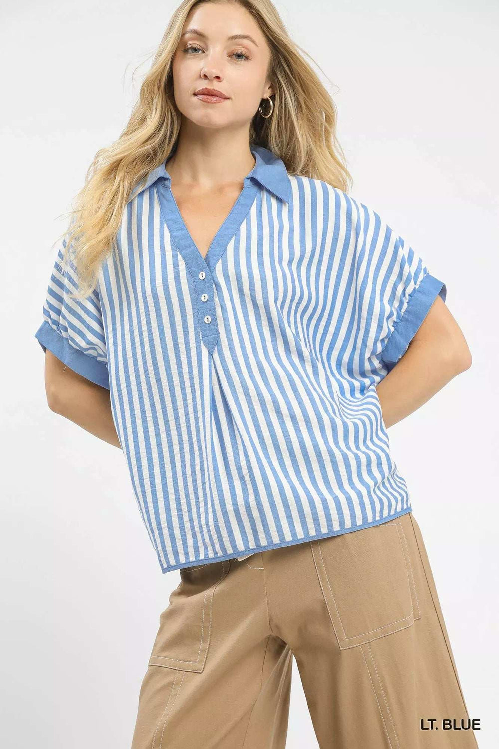 Umgee Stripe Collared Oversized Top - Trendsi - Flyclothing LLC