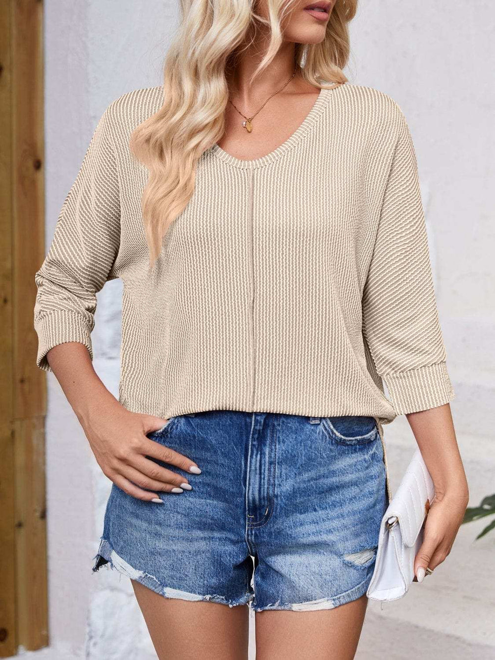 Textured Round Neck Three-Quarter Sleeve Blouse - Trendsi - Flyclothing LLC