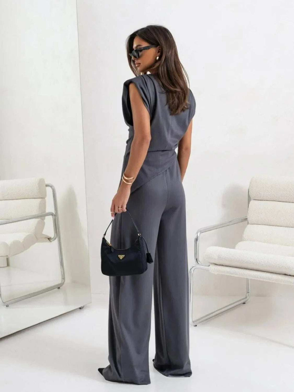 Slit Ruched Top and Wide Leg Pants Set - Trendsi - Flyclothing LLC