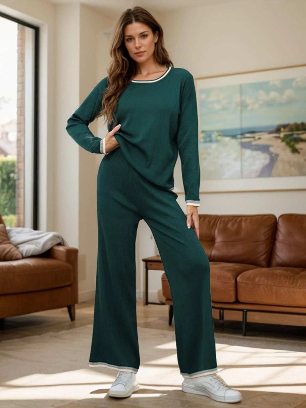 Contrast Trim Round Neck Top and Pants Sweater Set - Trendsi - Flyclothing LLC