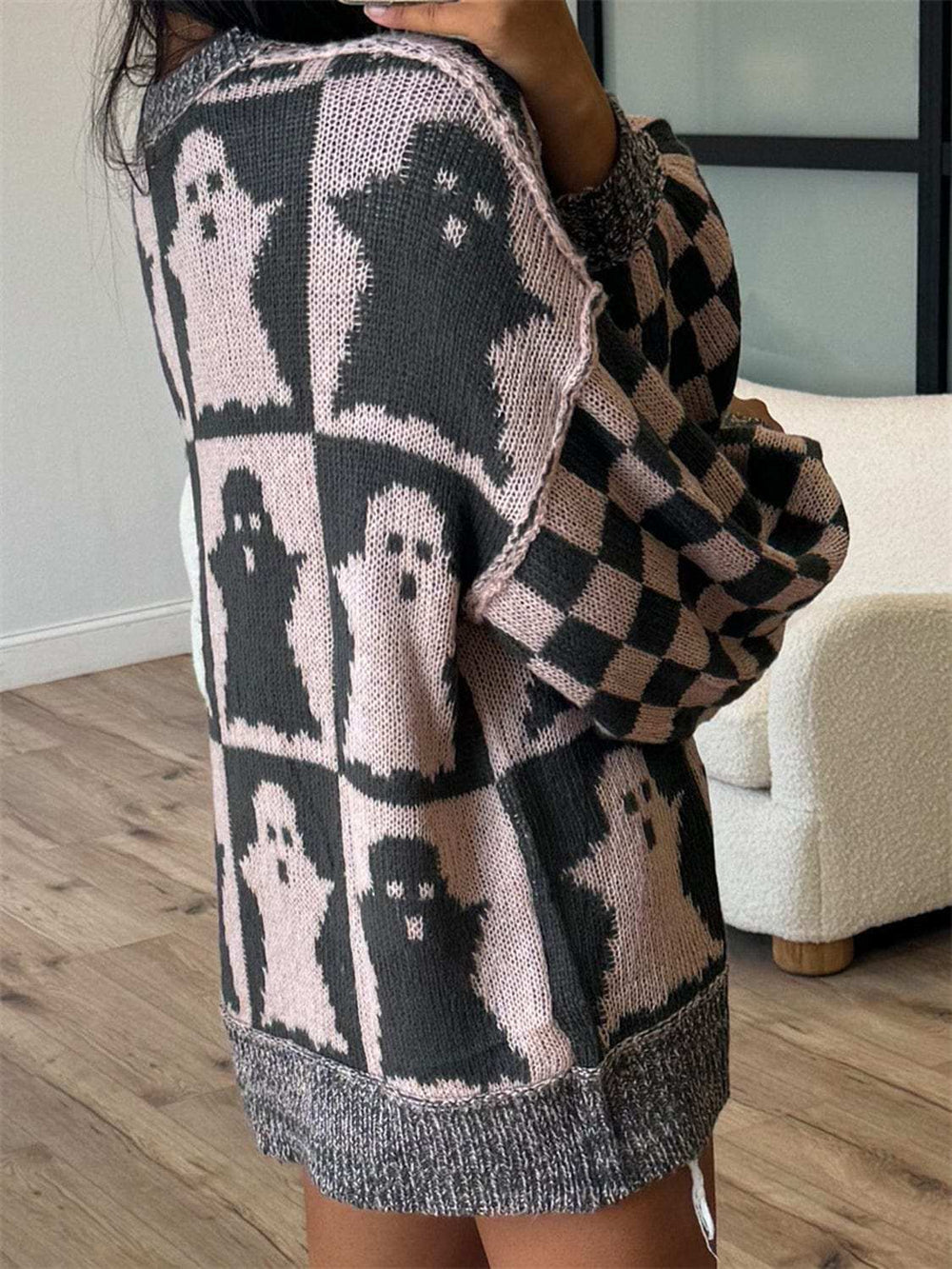 Ghost Dropped Shoulder Long Sleeve Sweater - Trendsi - Flyclothing LLC