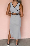 Stripe Crisscross Side Slits Slim Fit Sleeveless Midi Dress - Trendsi - Flyclothing LLC