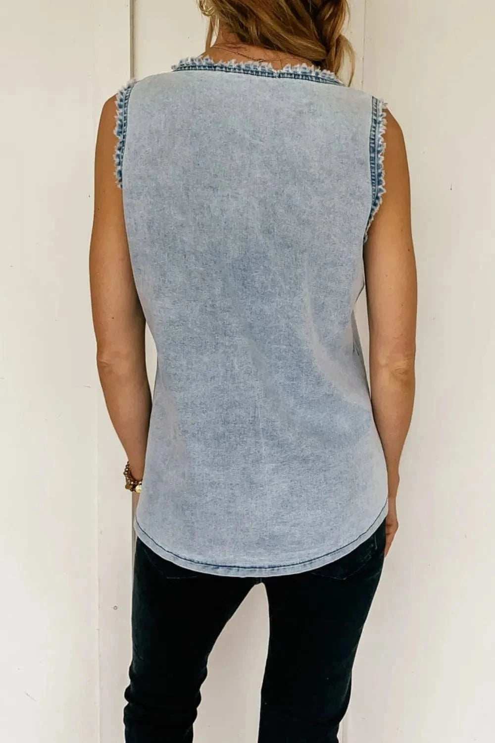 Mineral Wash Denim Frayed U Neck Sleeveless Top - Trendsi - Flyclothing LLC