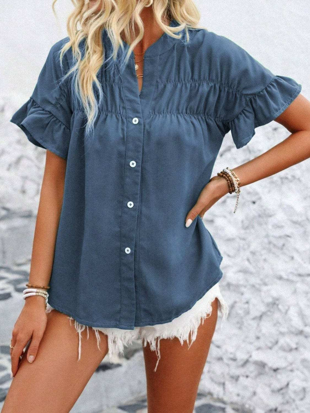 Button Down Ruffled Short Sleeve Shirt - Trendsi - Flyclothing LLC