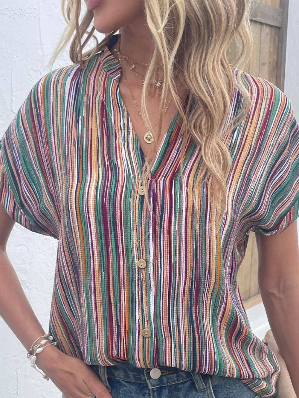 Striped Notched Short Sleeve Blouse - Trendsi - Flyclothing LLC