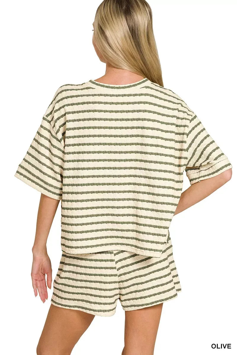 Zenana Striped Short Sleeve Tee & Shorts Set - Trendsi - Flyclothing LLC
