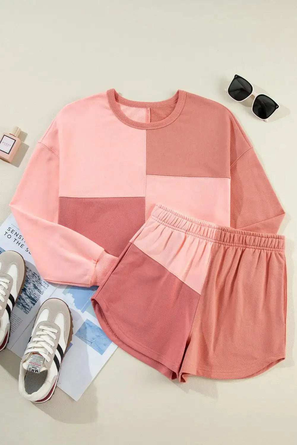 Color Block Round Neck Top and Shorts Set - Trendsi - Flyclothing LLC