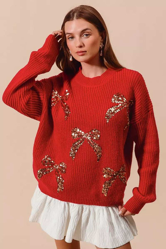 SO ME All Over Ribbon Sequins Christmas Holiday Sweater - Trendsi - Flyclothing LLC