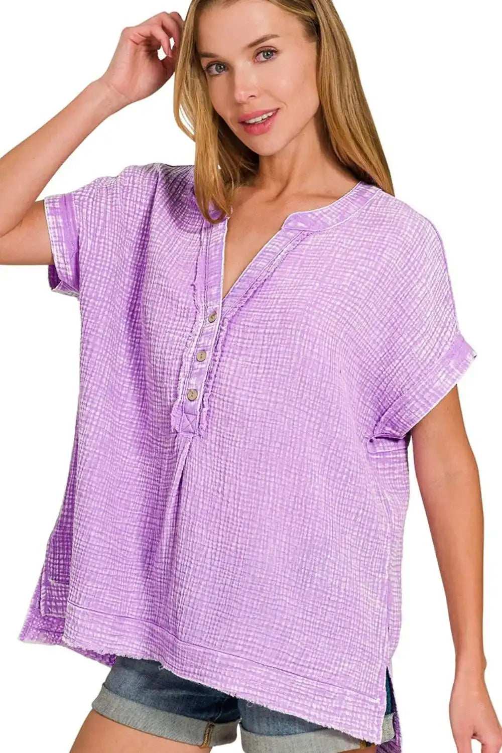 Zenana Washed Double Gauze 3/4 Button Henley Neck Shirt - Trendsi - Flyclothing LLC