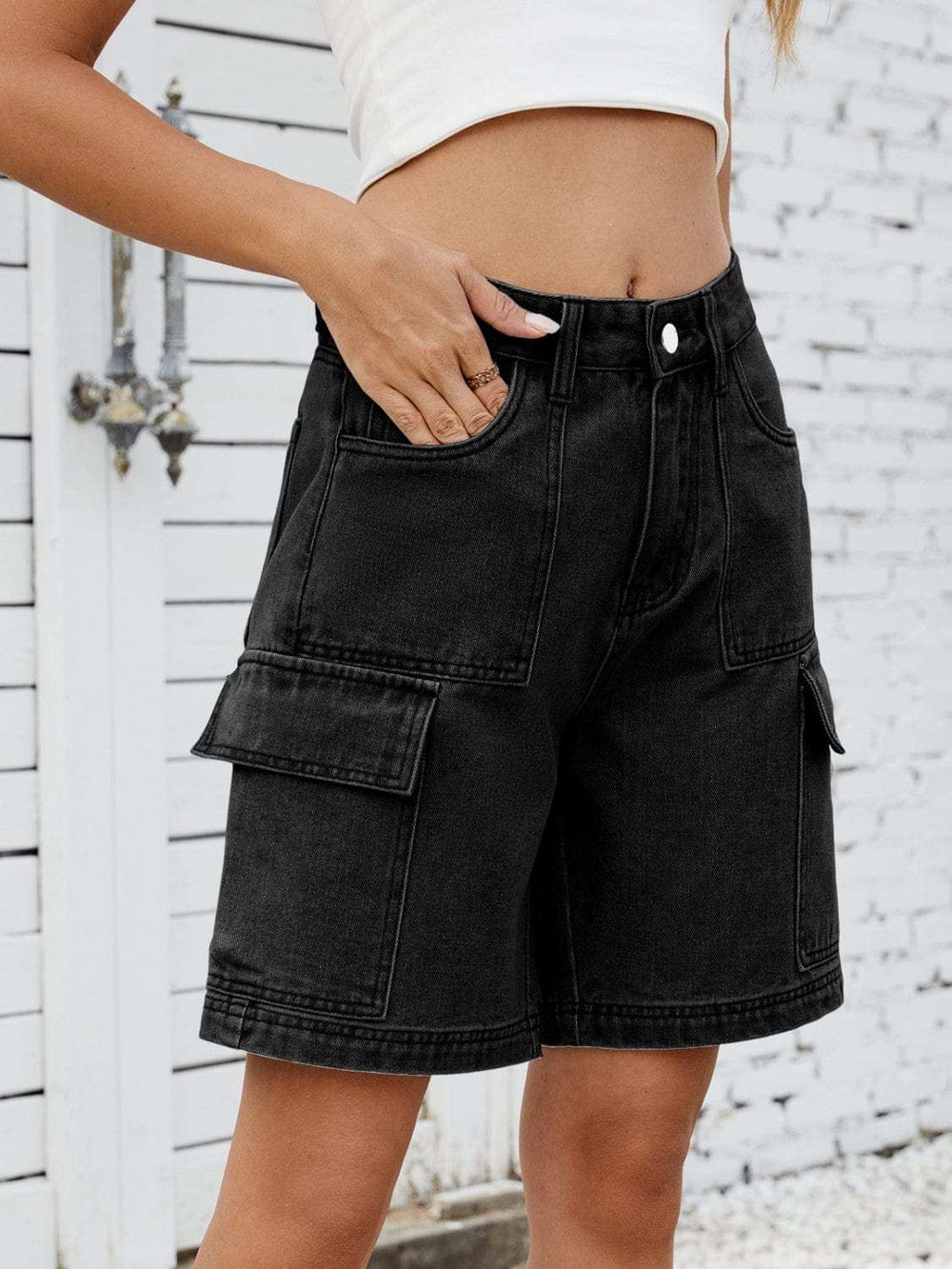 High Waist Denim Shorts with Cargo Pockets - Trendsi - Flyclothing LLC