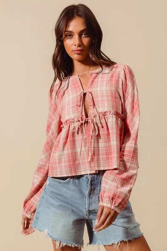 SO ME Front Tie Checkered Plaid Blouse - Trendsi - Flyclothing LLC