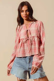 SO ME Front Tie Checkered Plaid Blouse - Trendsi - Flyclothing LLC