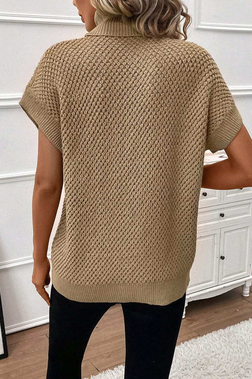 Solid Color Turtleneck Short Sleeve Sweater - Trendsi - Flyclothing LLC