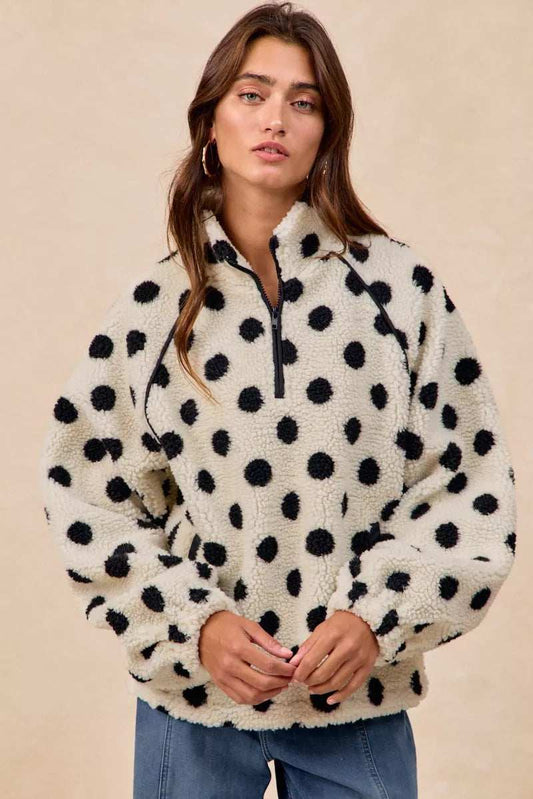 BiBi Polka Dot Sherpa Half Zip Up Top with Side Pocket - Trendsi - Flyclothing LLC